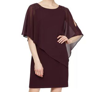 SLNY Women's Asymmetrical Cape with Beaded Shoulder Dress Size 12, Maroon